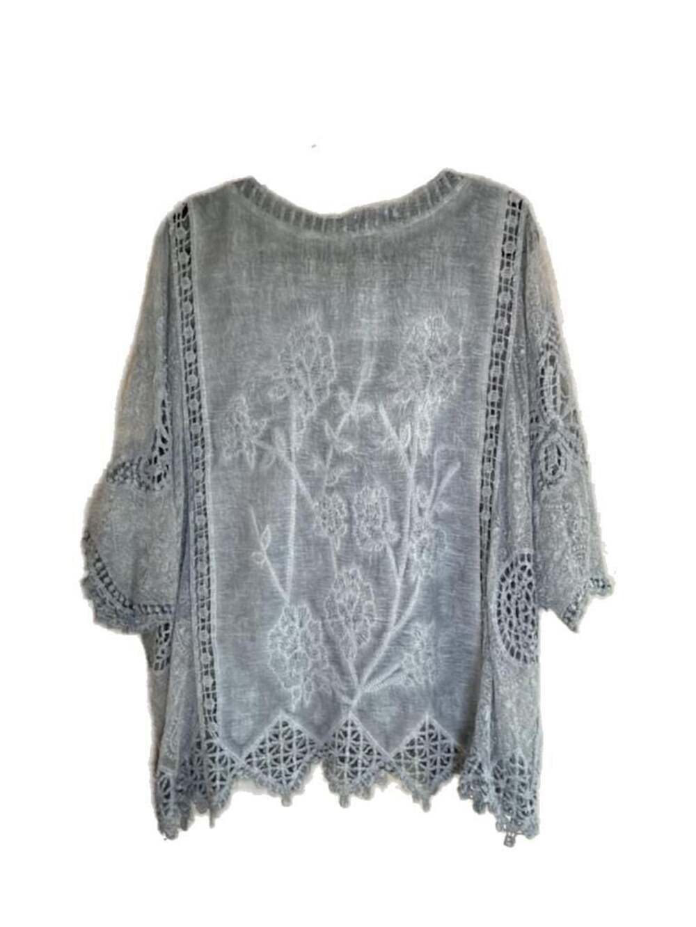 Kindred Plus Size Blue Embroidered Lace Trim Kimono Sleeve Blouse, 3X - Picture 5 of 9